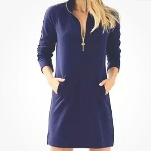 Lilly Pulitzer Solid Skipper Navy Blue Crochet Sleeve popover dress XS